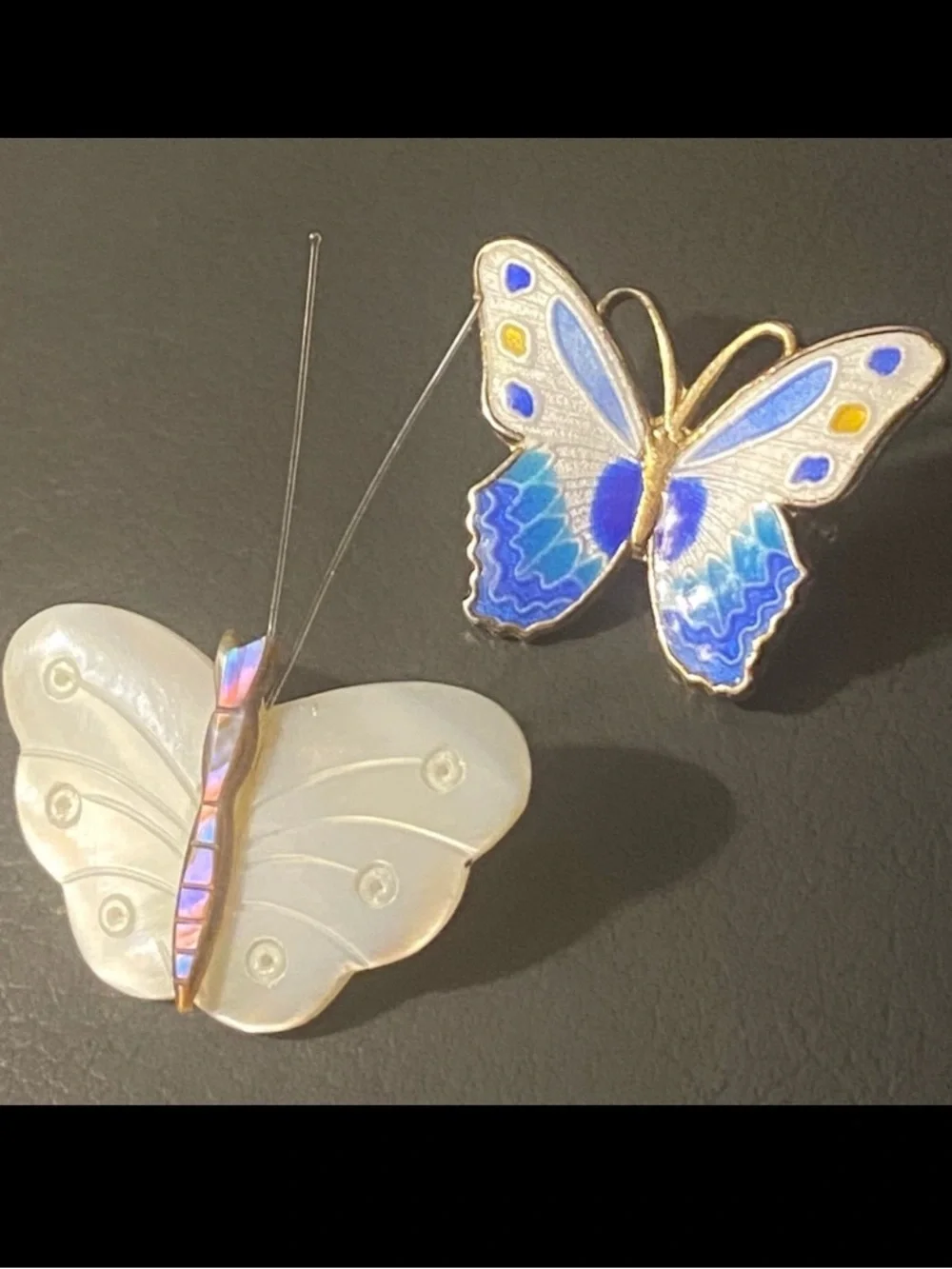 Vintage Set of 2 Butterfly Brooch Gold Metal & Enameled Mother-Of-Pearl